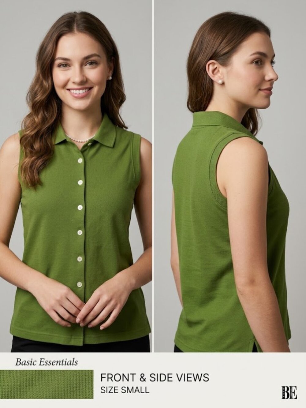 Basic Essentials Vintage Olive Green Sleeveless Polo Top Button Down Tank Small